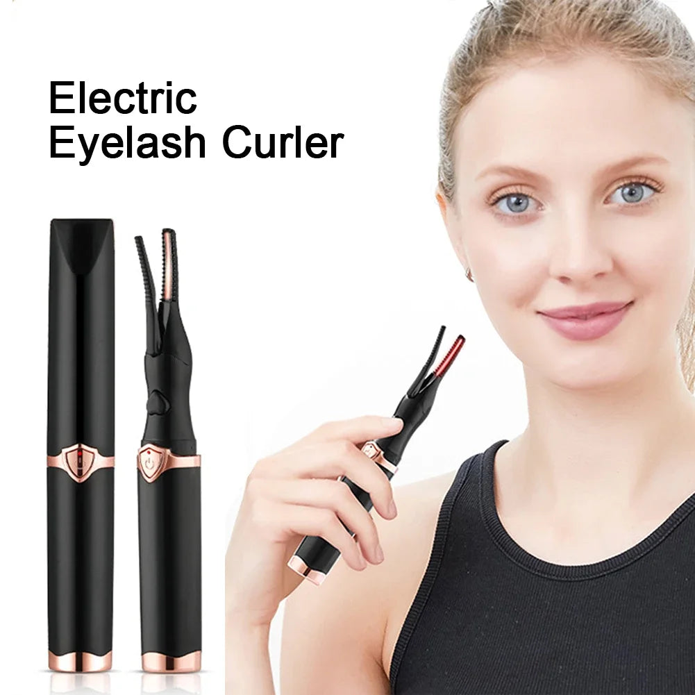 Heated eyelash curler pen held by model with curled lashes
