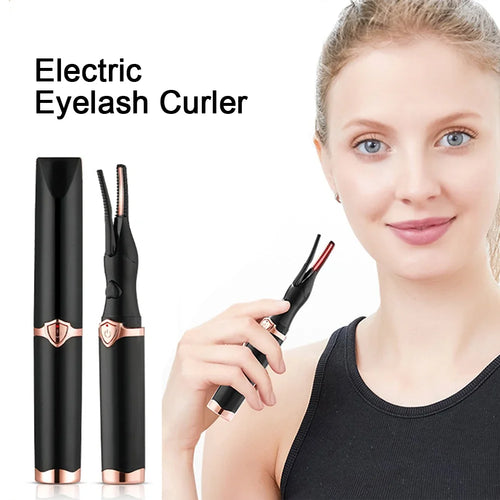 Heated eyelash curler pen held by model with curled lashes