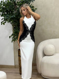 White and black lace backless maxi dress