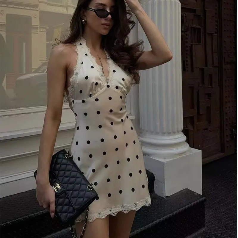 Polka dot lace-trim halter mini dress