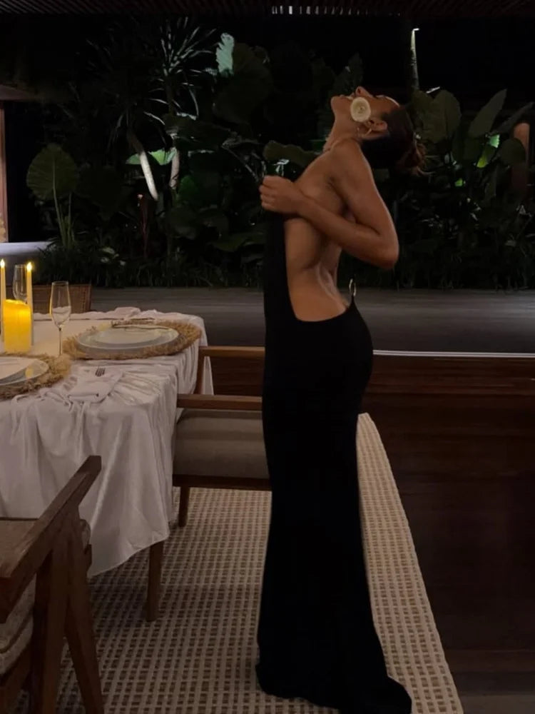 Black open-back ring-detail maxi dress - full length