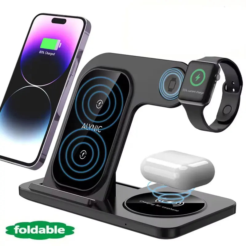 FoldSnap charging an Apple Watch and AirPods