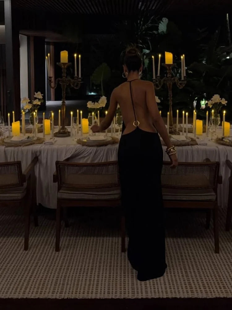 Black open-back ring-detail maxi dress - evening