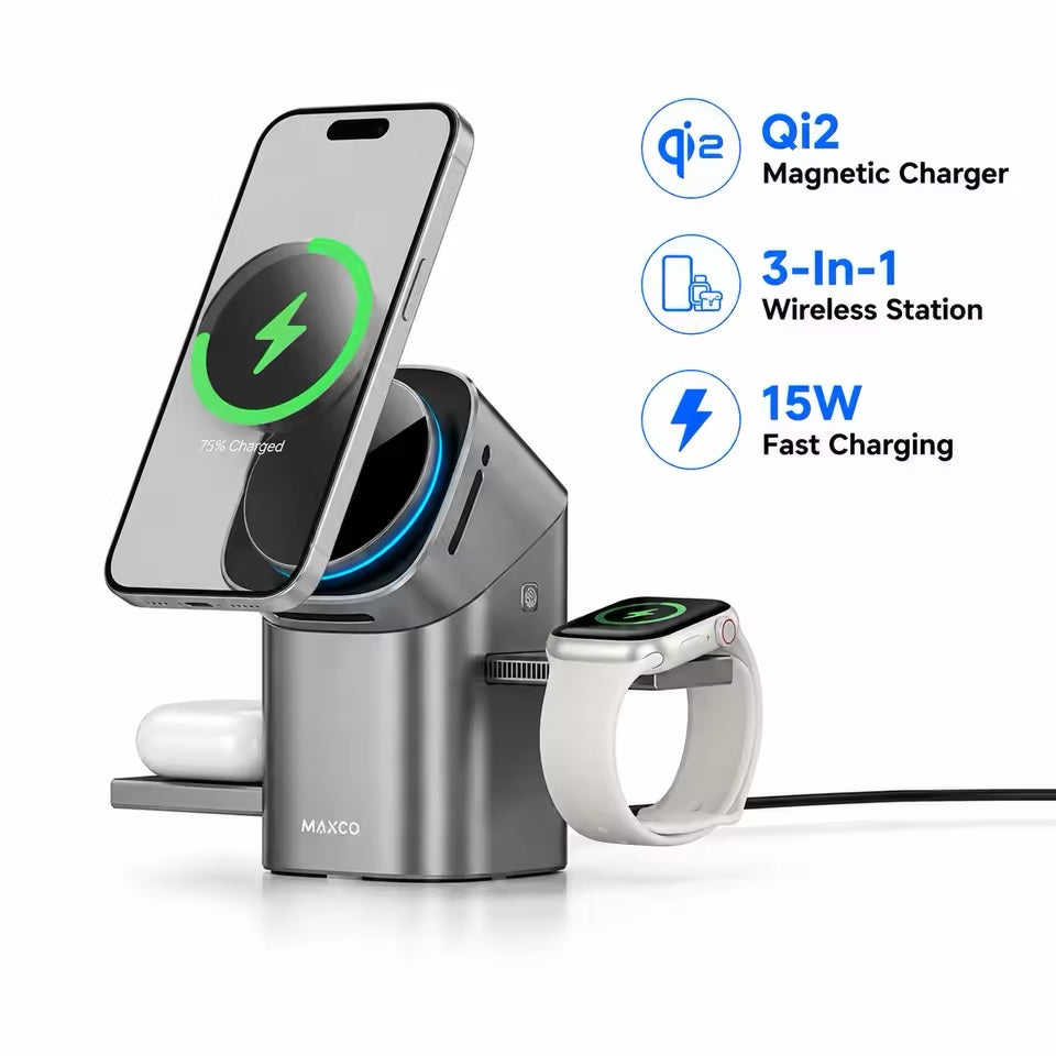 Flux 3-in-1 Qi2 wireless charging dock with iPhone, Apple Watch and AirPods
