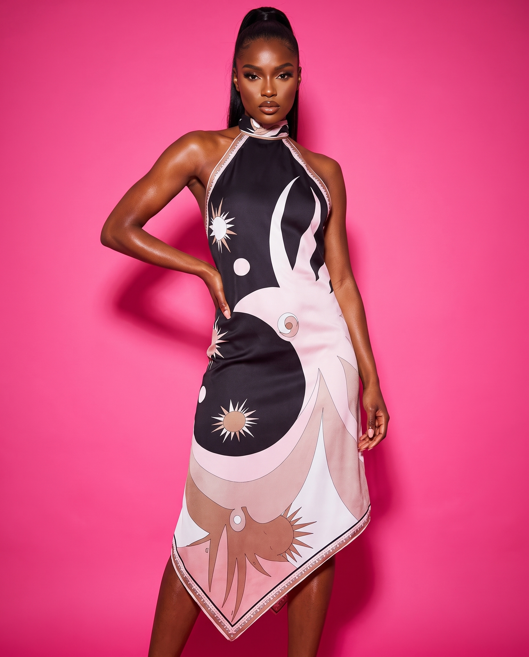 Capri Halter Wrap Dress in Black celestial print, PLT studio style front pose