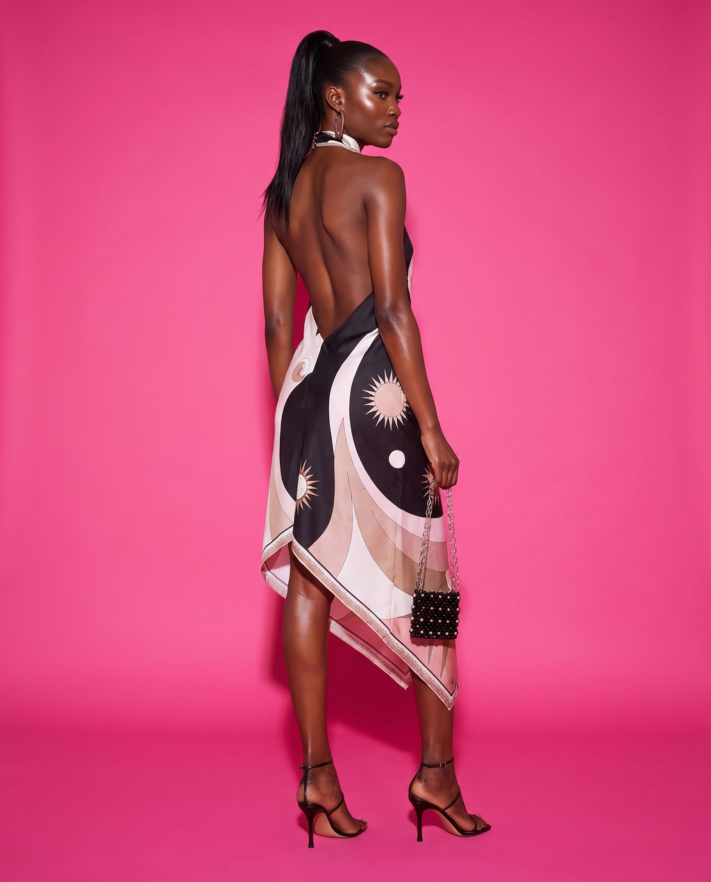 Capri Halter Wrap Dress in Black celestial print, PLT studio style open back pose
